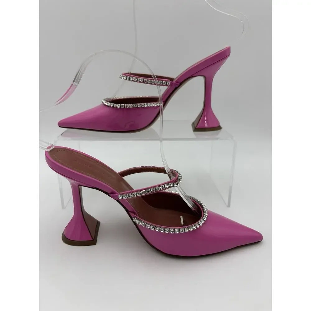 Amina Muaddi Gilda Mules Crystal Pink Patent Leather Size 36.5 / 6.5